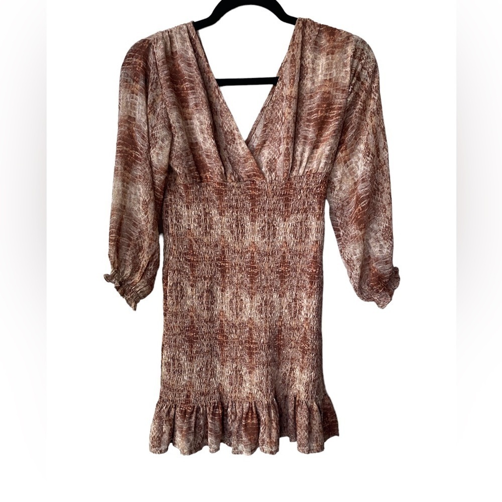 Y2K Animal Print Mini Dress Size S Ruched Ruffle Coquette Smocked Festival Rave